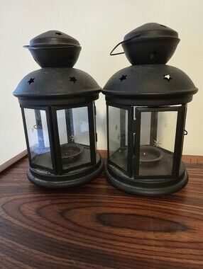Set of 2 Metal Candle Lanterns, Black Star Etched, Tea Light Holders